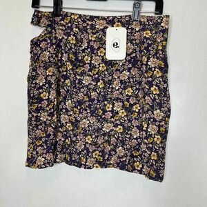 Elodie Floral Mini Skirt, Navy‎ Blue with Pink and Yellow Flowers, Large